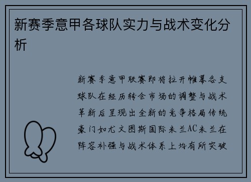新赛季意甲各球队实力与战术变化分析