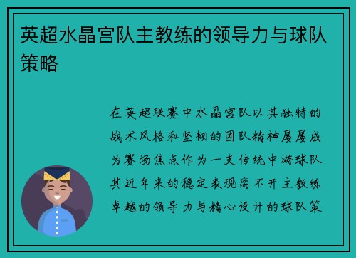 英超水晶宫队主教练的领导力与球队策略